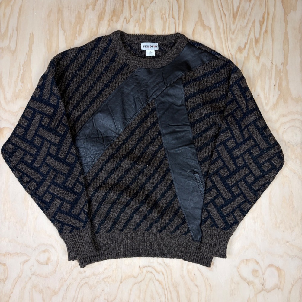 Vintage Feldini Brown Leather Patch Geometric Wool Blend Sweater Mens 1X Retro